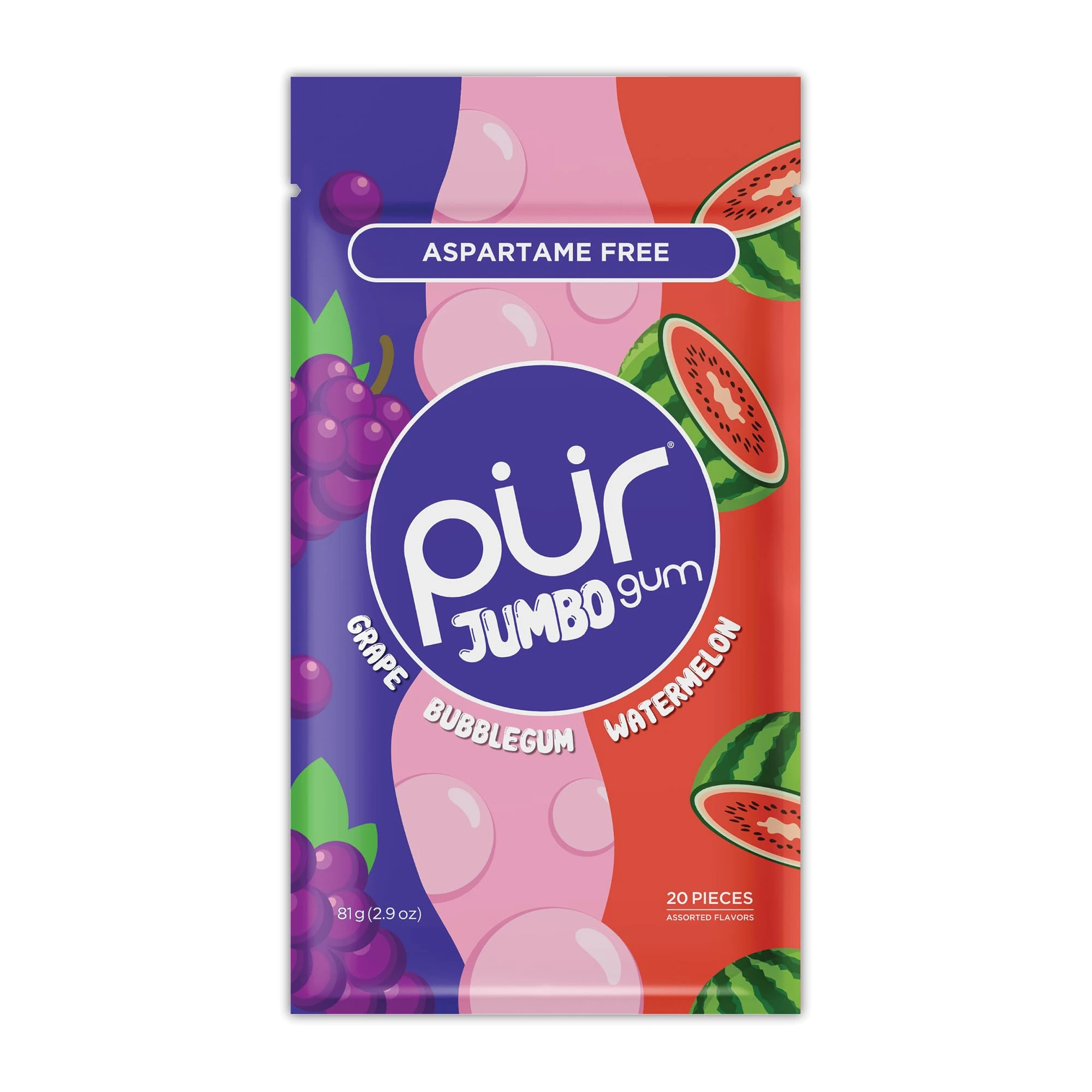 PUR Jumbo Gum | Aspartame Free Chewing Gum | Made with Xylitol | Natural Bubblegum, Grape, Watermelon Flavour, 20 Pieces (Pack of 1)