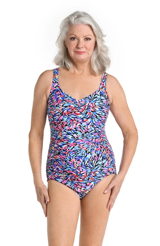 Maxine Of Hollywood Women's Over The Shoulder Shirred One Piece Swimsuit, Multi//Luminescense, 16