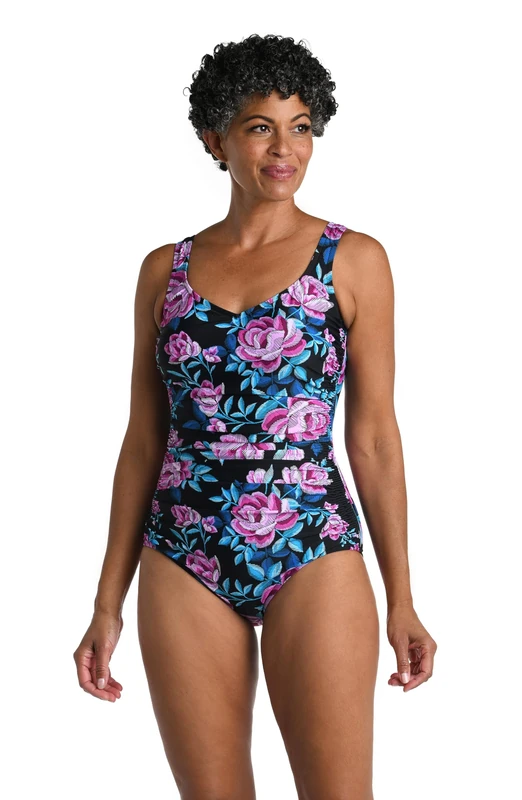 Maxine Of Hollywood Women's Over The Shoulder Shirred One Piece Swimsuit, Black//Midnight Orchid, 6 - Image 1