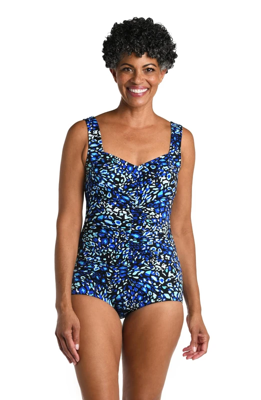 Maxine Of Hollywood Women's Spa Shirred Girl Leg One Piece Swimsuit, Black//Electric Safari, 14