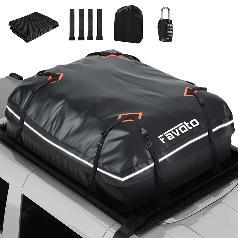Favoto Roof Bag 425 L Foldable Roof Box Roof Box Waterproof with Non-Slip Mat Door Hooks Reinforcement Straps for Cars SUVS with/without Pannier Rack Travel Luggage Transport Black
