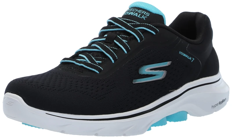 Skechers Women's Go Walk 7 - Cosmic Waves Athletic Walking Sneaker, Black/Turquoise, 5 UK