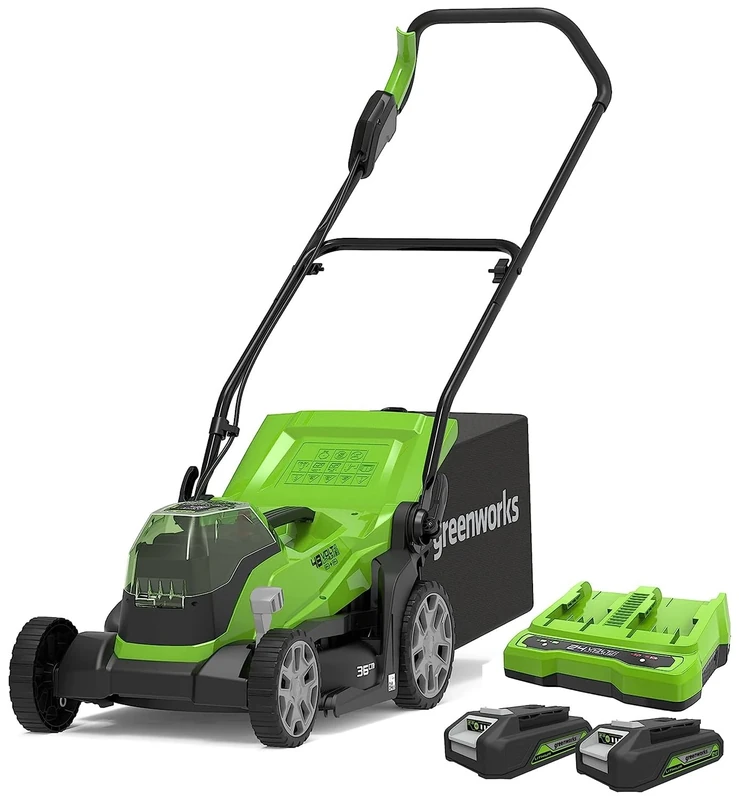 Greenworks Cordless Lawnmower 36cm Cutting Width, 40L Bag PLUS Two of 2x24V(48V) 2Ah Batteries & Twin Charger for Lawns up to 210m², 3 Year Guarantee