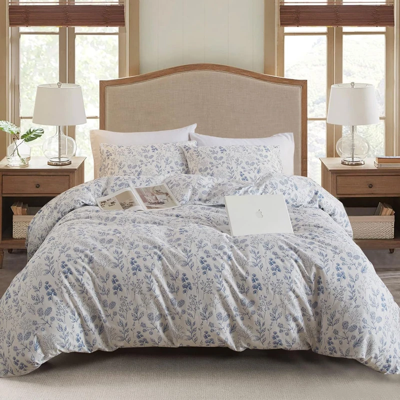 EAVD Chic Fresh Blue Floral Duvet Cover King Soft 100% Cotton Garden Floral Aesthetic Bedding Set with 2 Pillowcases Cottagecore Botanical Duvet Cover with Zipper Closure