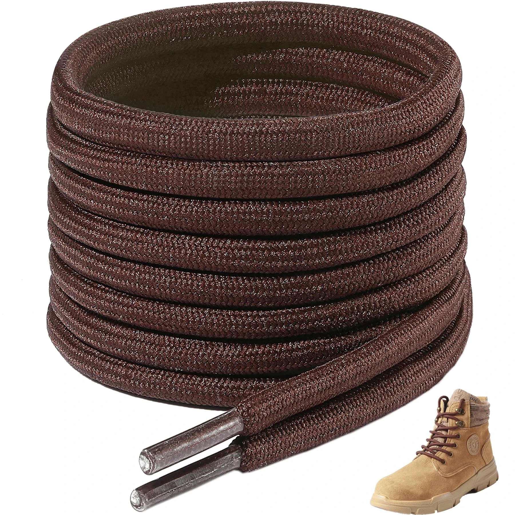 7STROBBS 2 PAIRS Strong Work Laces, Heavy Duty Round Shoelaces for Walking, Trainers, Hiking, Safety Boots, Thick Brown 140CM