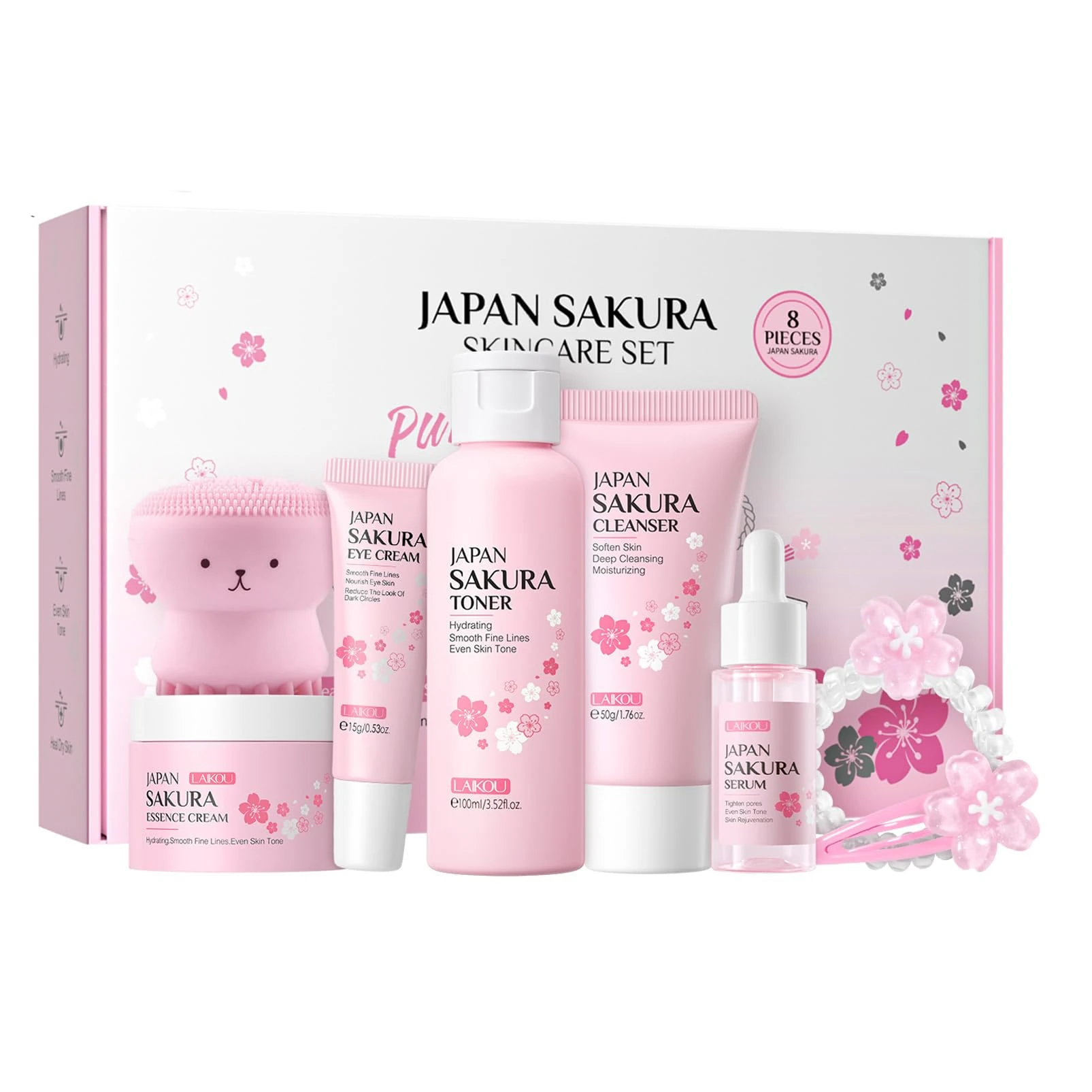 Skincare Sets with Facial Cleansing Brush - Cherry Blossom Skincare Gifts For Teenage Girls - Pamper Sets For Women Gifts - Skin Care Sets & Kits for Gentle Exfoliating,Blackhead,Deep Cleaning (A)