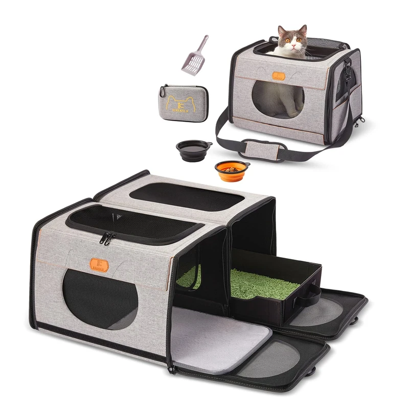 IC ICREATE.X Large Cat Carrier, Travel Litter Box for Cats, Collapsible Dog Crate, One for Litter Box and Soft cat cage 2-in-1 Double Pet Carrier Bag