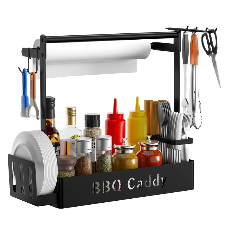 Grill Caddy, BBQ Caddy with Paper Towel Holder for Plate Cutlery, Flatware Caddy Picnic Condiment Caddy with 4 Hooks, Grill Utensil Caddy for Outdoor Grilling Camping, Barbecue Accessories Organizer