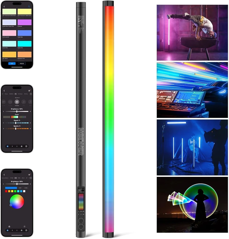 NEEWER TL60 Tube RGB Video Lighting, Portable RGBWW LED Video Lamp for Photography, Light Stick with 2.4G APP Control/DMX, 7 Pixel Effects, 18 Scenes, 2500K-10000K TLCI98+, 3000mAh Battery