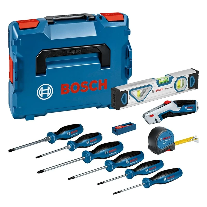 Bosch Professional 13 Pieces Handtools Kit (incl. 6X Screwdrivers, 1x Tape Measure 5m, 1x Level 25cm, 1x Knife, 10x Spare Blades, L-BOXX)