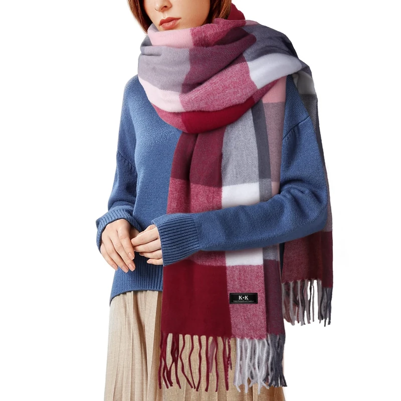 Gebell Women Tartan Scarf - Winter Plaid Blanket Scarves Long Soft Warm Tartan Check Scarfs Ladies Wool Spinning Tassel Shawl Stole UK