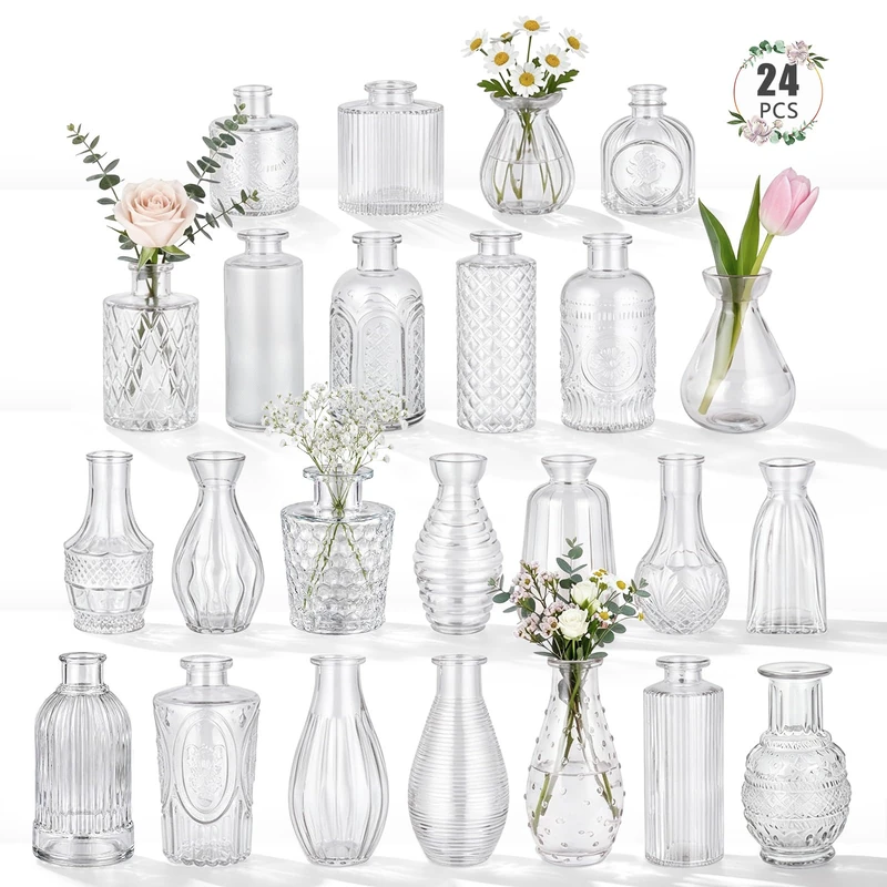 24 Pack Glass Bud Vase in Bulk - BEAHOT Clear Flower Vases for Wedding Decorations, Mini Vase for Centerpiece Table Decorations, Small Boho Vase for Home, Wedding Decor, Mother's Day, Party, Office