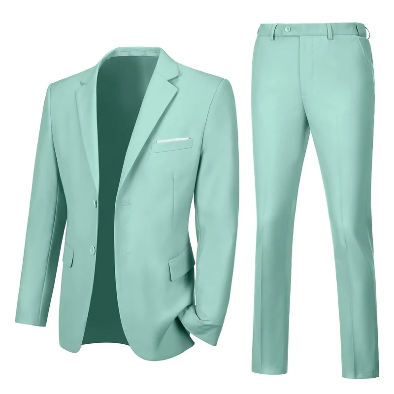 Lynerun Mens Slim Fit 2 Piece Suit Two Button Notched Lapel Solid Suit Jacket Pants Set Tuxedo for Prom, Mint Green, L