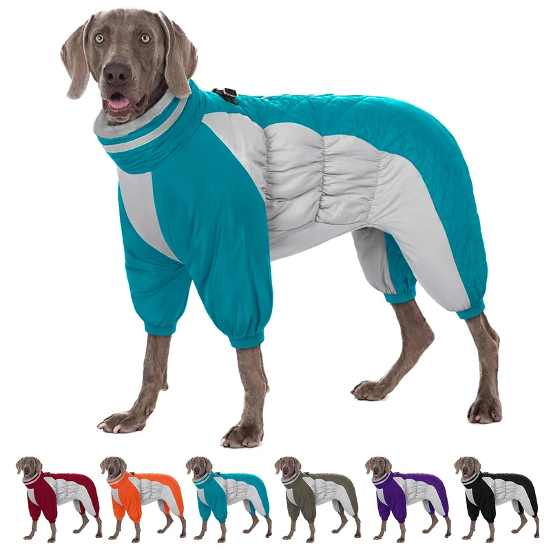 AOFITEE Fullbody Dog Coat - Warm Fleece Jacket for Large Dogs, Turtleneck Winter Coats with Harness, Reflective Dogs Puffer Jacket Snowsuit with Legs, Four Legged Jackets for Labrador, Turquoise XL