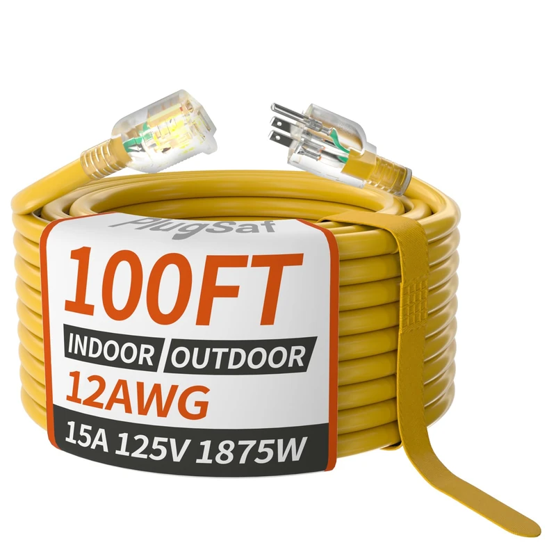 PlugSaf - 12/3 gauge outdoor extension cord 100ft waterproof with illuminated indicator, 12 gauge SJTW heavy duty 15 amp 1875W, 3 flexible prong 100% brass