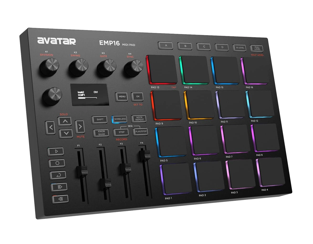 HXW EMP16 MIDI Pad Controller Beat Maker Machine With Bluetooth, 16 RGB Velocity Sensitive Beat Pads, 16 Level, Full/Half Level, OLED Display, MIDI In/Out
