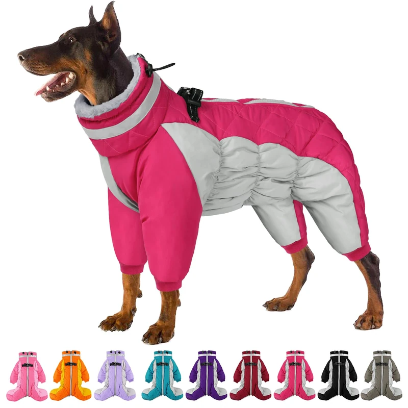 SUNFURA Full Body Dog Coat - Warm Fleece Jacket for Large Dogs, Turtleneck Winter Coats with Harness, Reflective Dog Snowsuit Windproof Puffer Jackets with Legs for Weimaraner, Hot Pink XL