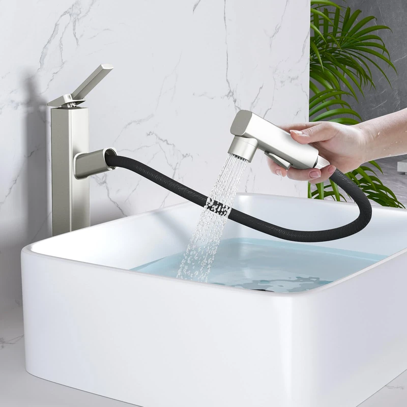 MIAOHUI Sink Faucet with Pull Down Spray Head, 3 Spray Modes, Tall Bathroom Faucet, Tall Bathroom Faucets for Sink, 1 Hole, Single Handle Modern Basin Faucet with