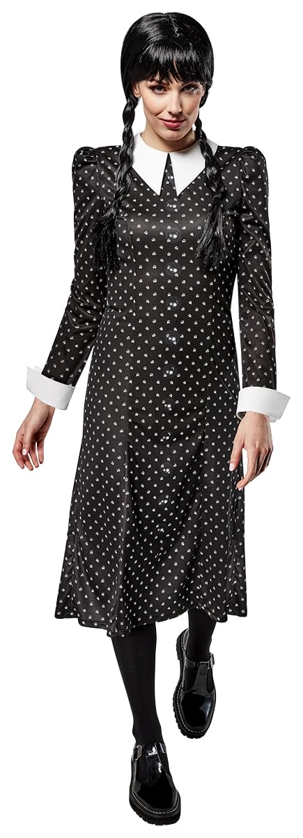 Rubies Women's Wednesday Addams Costume Cheap Printed Dress with Collar, Official Wednesday, Addams Wednesday for Halloween, Carnival and Cosplay