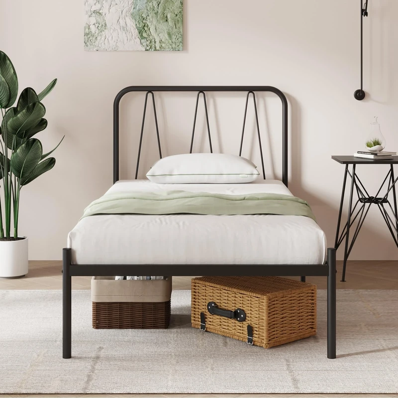 Novilla 36cm Metal Single Bed Frame, Platform Bed Frame with Headboard, Steel Slat Support, Mattress Foundation, Easy Assembly, Underbed Storage Space 90x190cm, Black