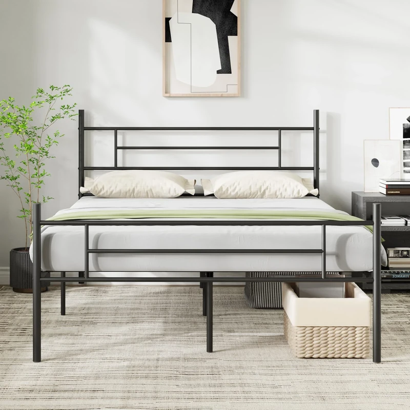 Novilla 30.5cm Metal Double Bed Frame with Headboard and Footboard, Steel Slat Support, Mattress Foundation Non-Slip Design, Easy Assembly, Underbed Storage Space 135x190cm, Black