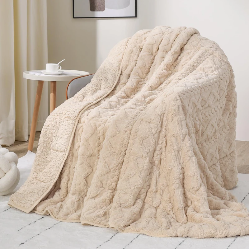 Weighted Blanket Full Size, Adult Weighted Blankets 15lbs with Doubled-Sized Shaggy Sherpa, Soft Plush Jacquard Bed Blanket for Sleep Natural and Relaxing, Ceramic Beads, Beige, 48 * 72 15lbs