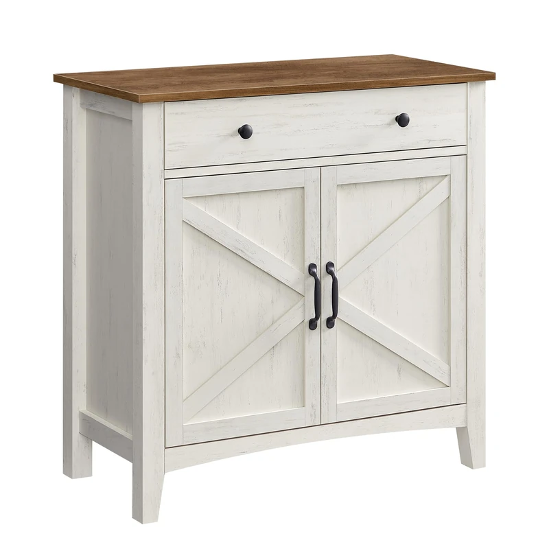 VASAGLE Sideboard, Storage Cabinet with Drawer, Kitchen Cabinet with Doors and Height Adjustable Shelf, Farmhouse Style, for Living Room, Dining Room, Rustic White and Honey Brown BBK341W01