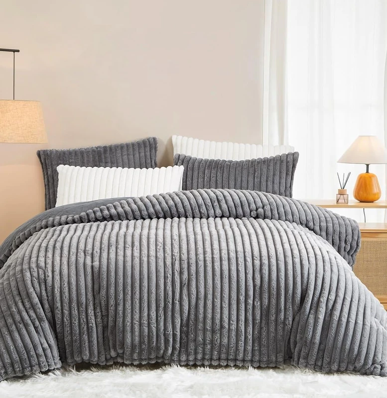 Lanqinglv Winter Bed Linen Plush Bed Linen 135 x 200 cm Dark Grey Fluffy Faux Fur Warm Bed Linen Set, Teddy Fleece Cashmere Touch Flannel Duvet Cover with Zip and 1 Pillowcase 80 x 80 cm