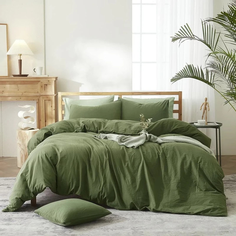 Army Green Soft Washed Cotton Duvet Cover Full Size - 3 Piece Bedding Set With 2 Pillowcases - Simple Style Olive Green Comforter Cover
