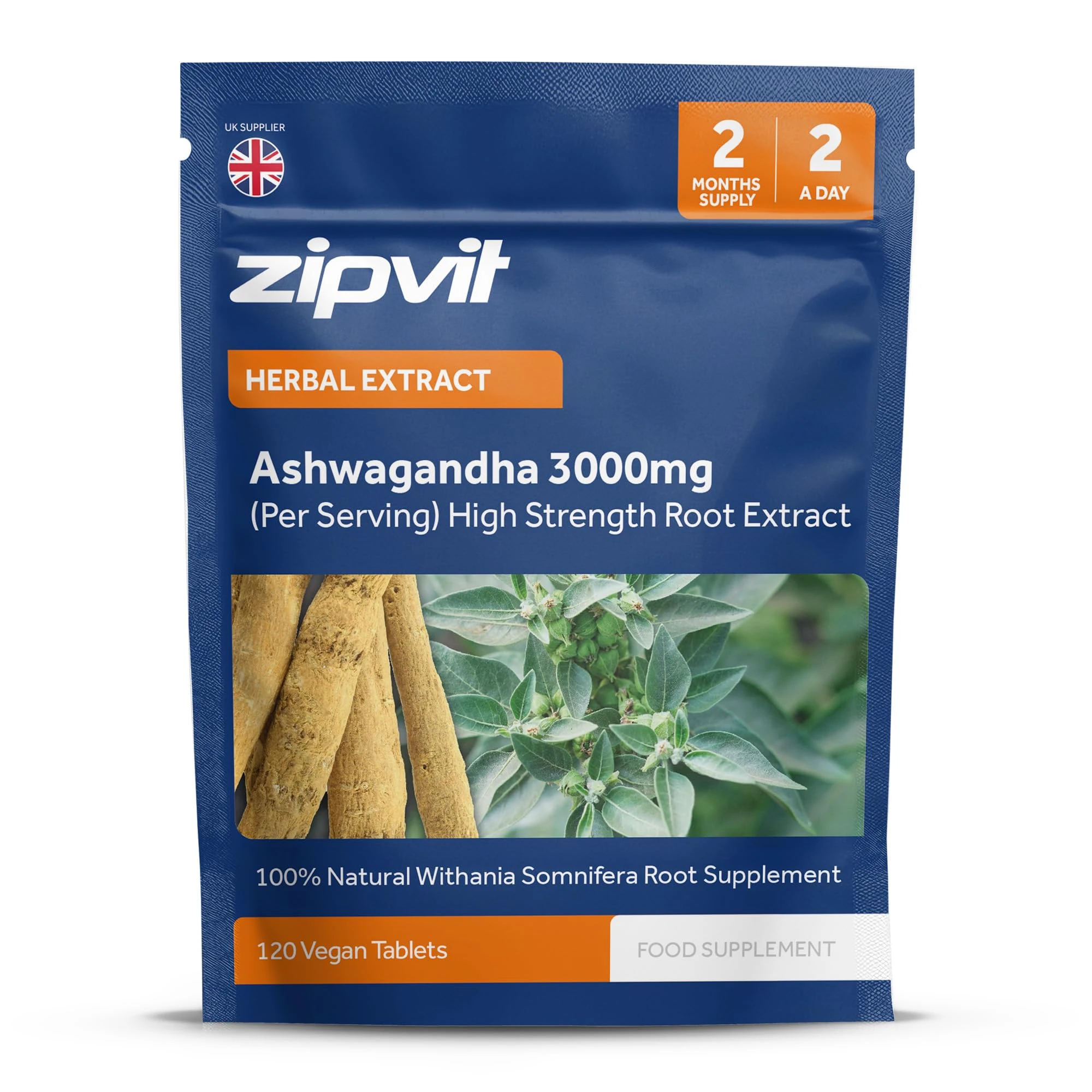 Zipvit Ashwagandha 3000mg Root Extract, High Strength Herbal Supplement, 120 Vegan Tablets for Popular for Stress Relief, 2 Month Supply