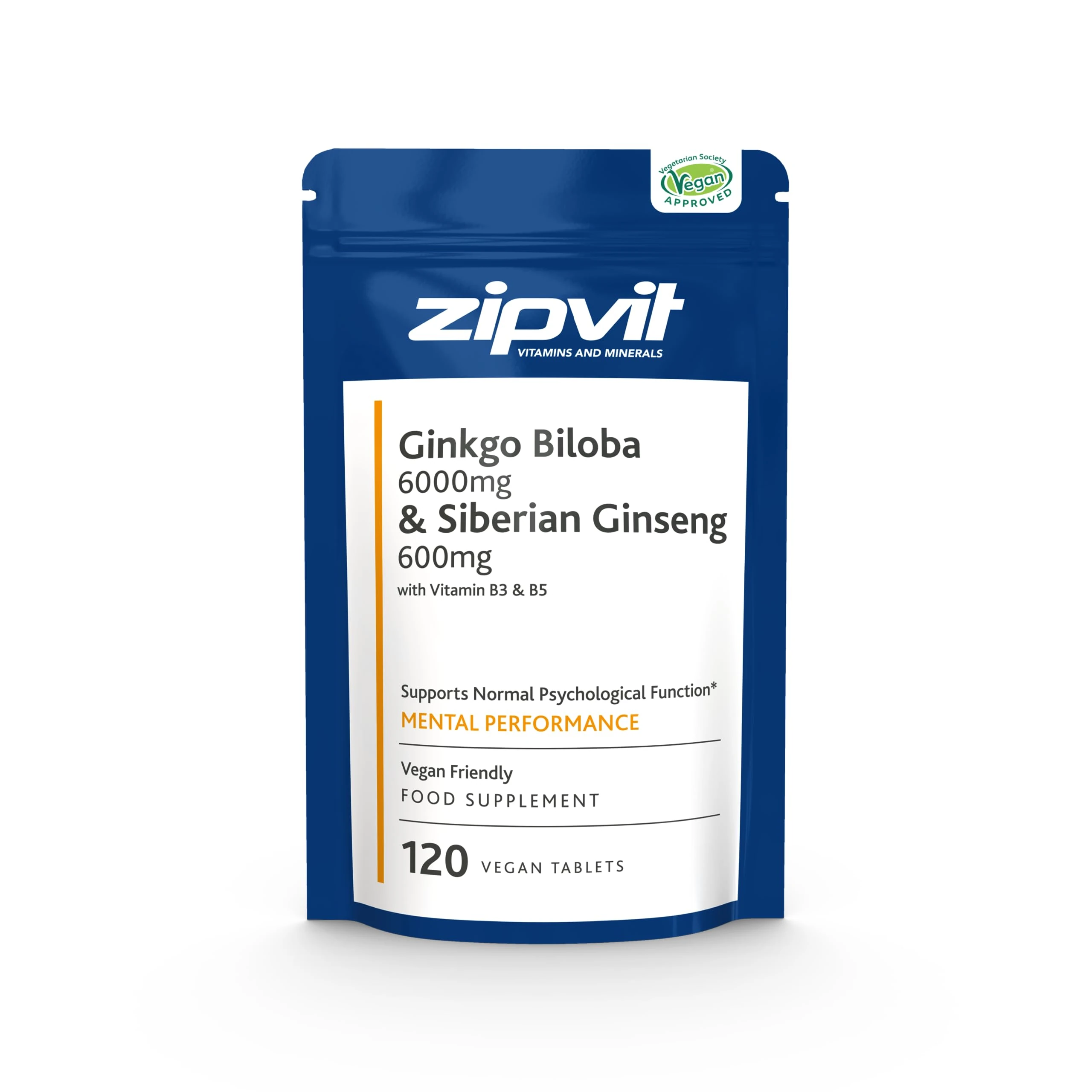 Ginkgo Biloba and Siberian Ginseng Tablets in Pouch, High Strength Ginkgo Biloba 6000mg and Siberian Ginseng 600mg, Added with Vitamins B3 and B5. 120 Vegan Tablets, 4 Months Supply