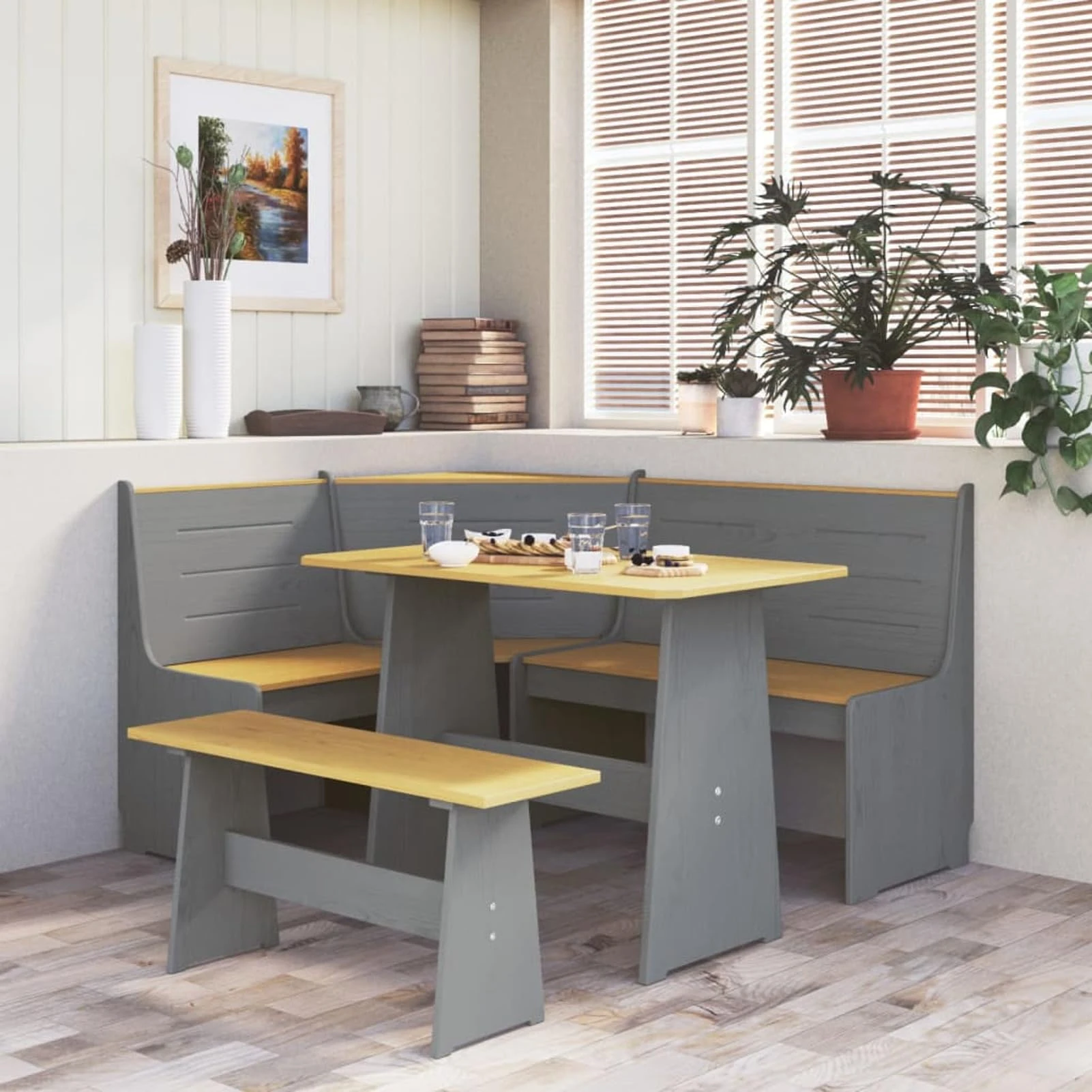 Festnight Pine Corner Bench - Solid Wood Dining Room Set, 151 cm, Honey Brown & Grey