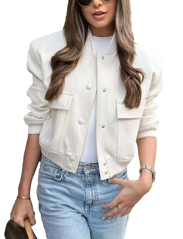 Megfie Womens Cropped Bomber Jacket Button Down Varsity Jackets Shackets With Pockets, Beige, XL
