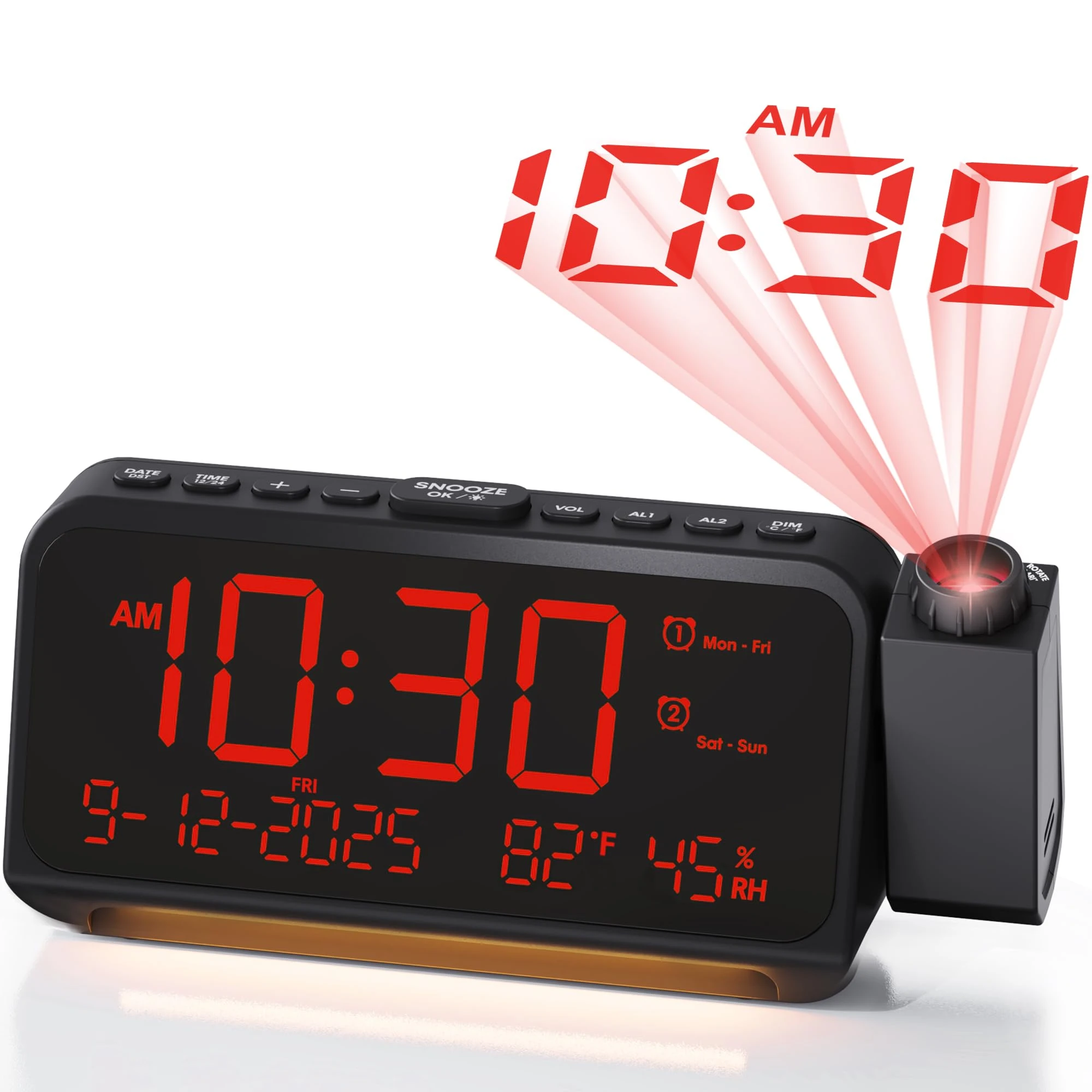 Roxicosly Projection Alarm Clock for Bedroom Ceiling, 118 dB Super Loud for Heavy Sleepers, 6.7" Large Digital Dimmable Display with Day Date Indoor Temp Humidity, Dual Alarms Adjustable Volume