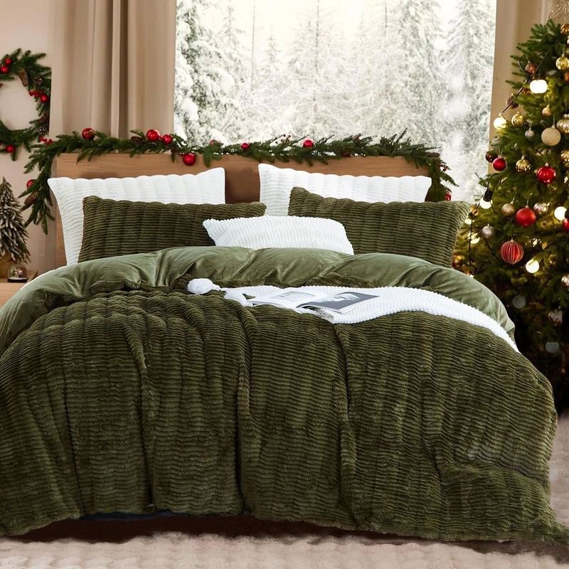 Lanqinglv Plush Bed Linen 135 x 200 cm Green Dark Green Fluffy Long Hair Faux Fur Winter Bed Linen Warm Cosy Flannel Fleece Cashmere Touch Duvet Cover with Zip and 1 Pillowcase 80 x 80 cm