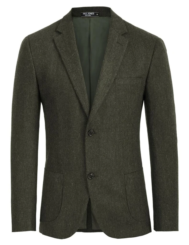 PJ PAUL JONES Mens Tweed Blazer Vintage Wool Blend Blazers Herringbone Two Button Sport Coat, Army Green, L