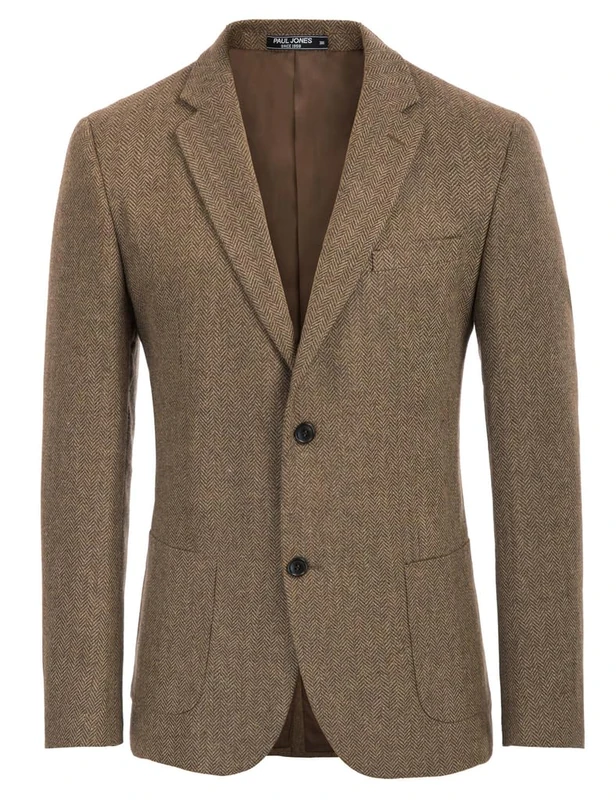 PJ PAUL JONES Mens Tweed Blazer Vintage Wool Blend Blazers Herringbone Two Button Sport Coat, Coffee, L