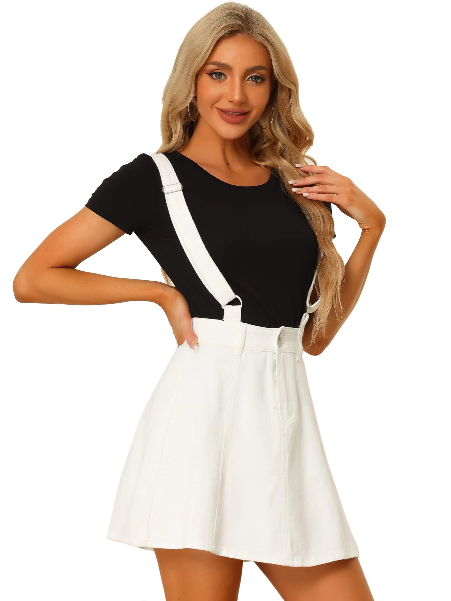 Allegra K Women's Washed Cotton Button Front Casual Mini Suspender Skirt White XS
