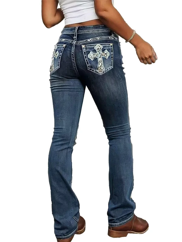 Flamingals Women's Bootcut Jeans for Women Vintage Mid Waist Flare Leg Denim Pants, Embroidery-Navy Blue, M - Image 1
