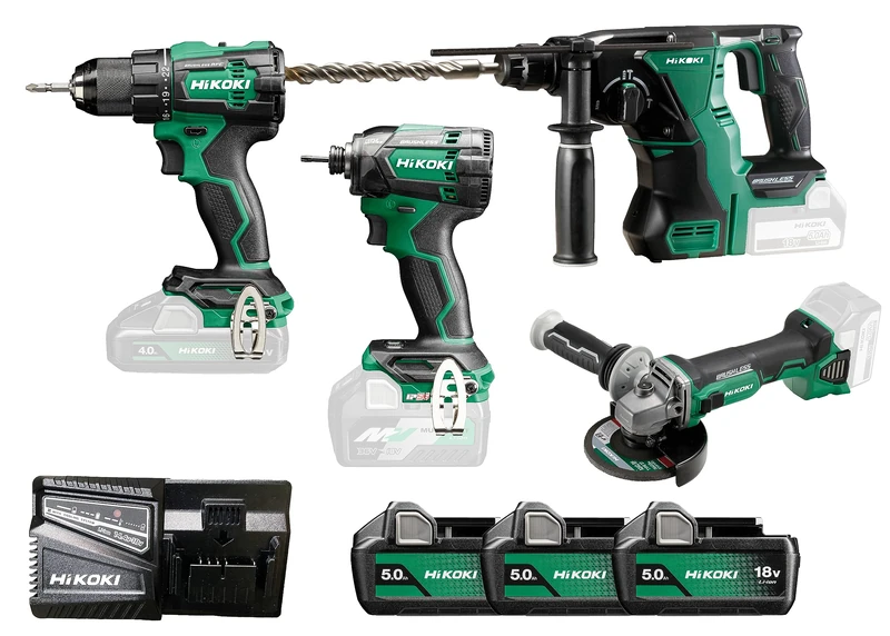 HiKOKI Combo-Kit - Angle Grinder, Drill, Impact Driver, Hammer Drill, 3X 18V 5.0Ah Battery, Charger, Carry Bag - Powerful & Versatile