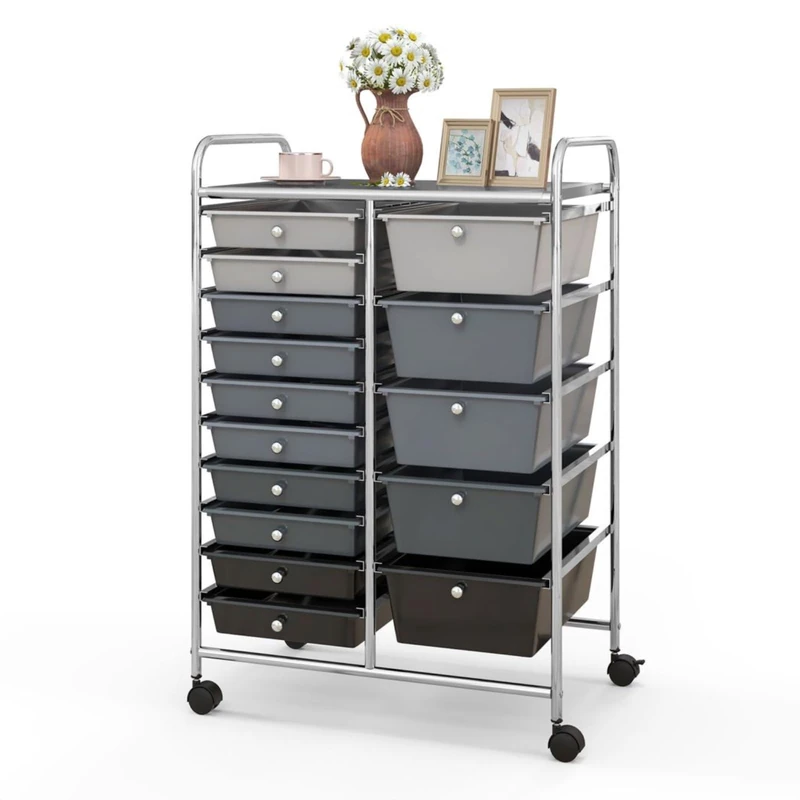 GiantexUK 15 Drawers Rolling Trolley, Utility Storage Organizer Cart with Wheels, Home Office Hairdressing Salon Shelving Organizer Unit (Gradient Black + Silver Frame)