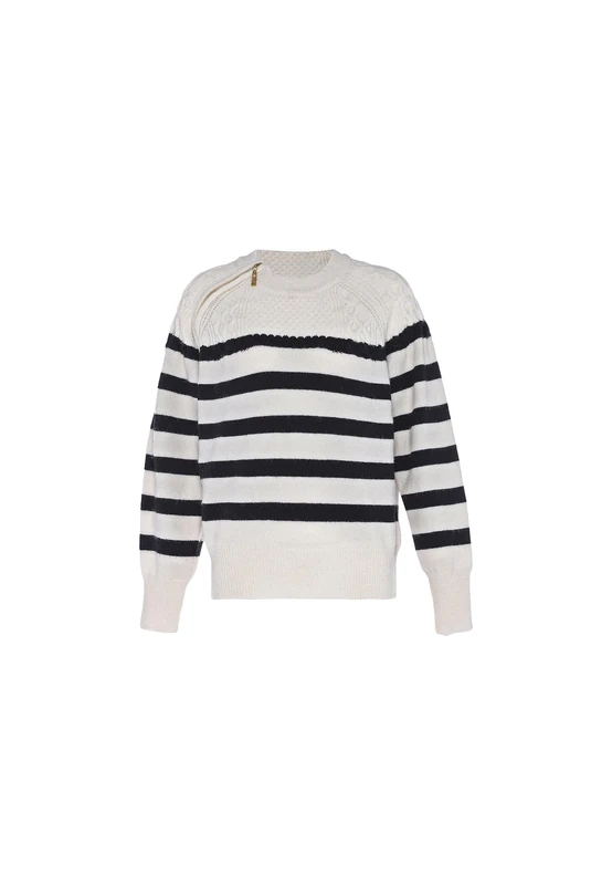 faina Women's Vintage Striped Diagonal Zip Pullover Design Knitted Wool White Size M/L Sweater, M