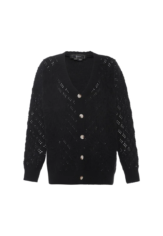 faina Women's V Neck Hollow Pattern Cardigan Black Size M/L Knit Jacket, M