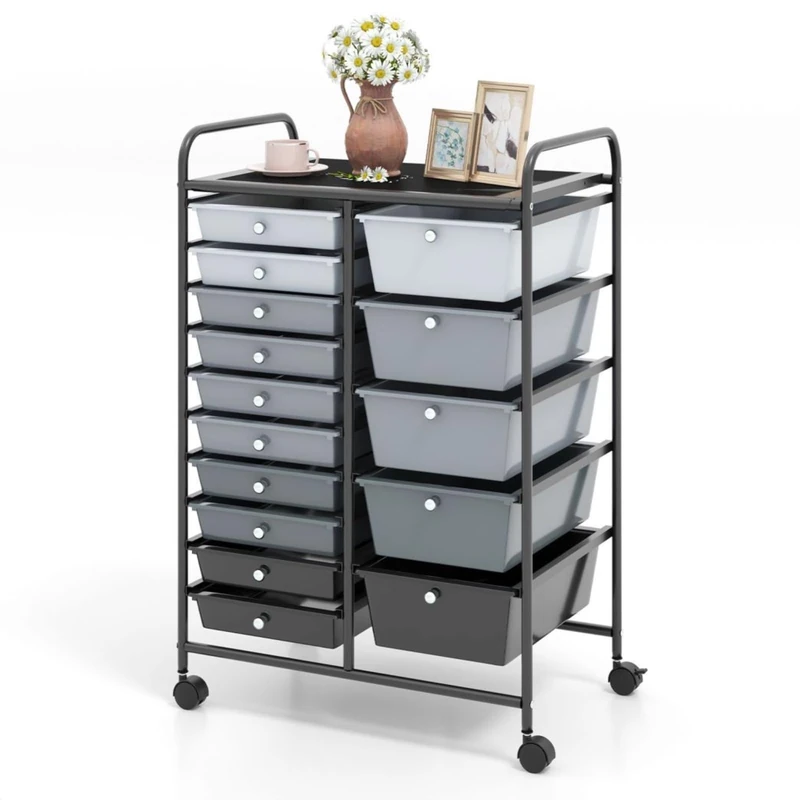 GiantexUK 15 Drawers Rolling Trolley, Utility Storage Organizer Cart with Wheels, Home Office Hairdressing Salon Shelving Organizer Unit (Gradient Black + Black Frame)