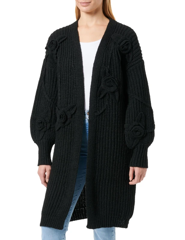 faina Women's Medium Length Three-Dimensional Flower Crochet Cardigan Black Size Xs/S Sweater