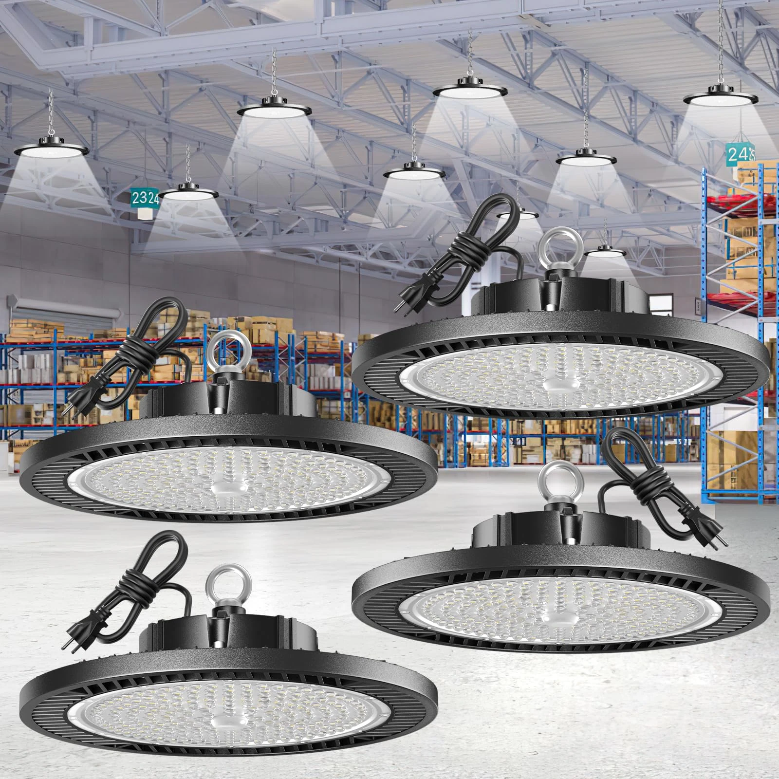 Led High Bay Lights 200W - 28000lm 5000K Super Bright Waterproof Led Shop Lights with Plug 5' Cable and Hook Ring, Led Garage Light for Factory Gym Warehouse Workshop（4 Pack）
