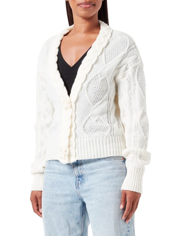 faina Women's 4D Flower Button Crochet Cardigan with V-Neck, Wool White, Size M/L Knit Jacket, M