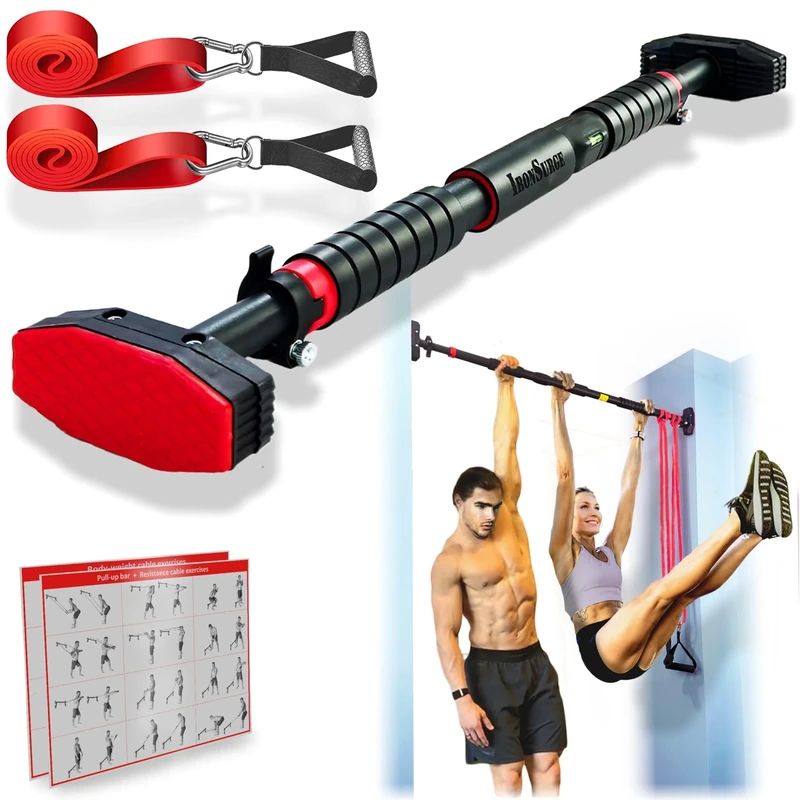 IRONSURGE Pull Up Bar for Hallway or Doorway 6-piece Set with Two Attachable Resistance Bands/Handles, Training Manuals, No Screws Chin Up Bar, Max 680lbs, Width options: 27-37", 37-47"; 46-53"