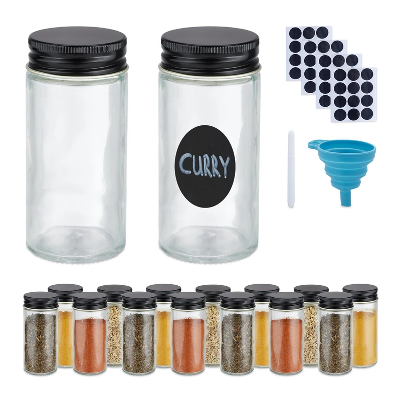 Relaxdays Spice, 16x Set, Sprinkle Insert, Round Glass Jars, Fill Up, with Labels, Pen & Funnel, Transparent/Black, 9.5 x 4.5 x 4.5 cm