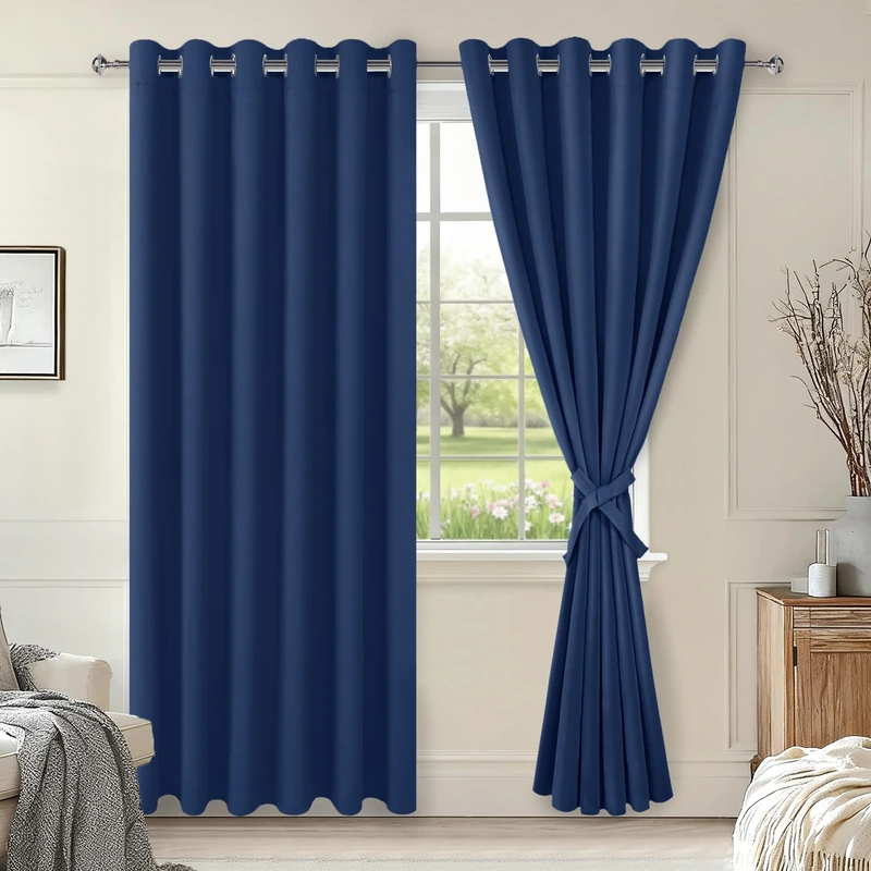 Hiasan Room Darkening Curtains for Bedroom, 70 x 84 Inches - Thermal Insulated & Energy Saving Window Drapes for Living Room/Dorm Room, Set of 2 Panels Sewn with Tiebacks, Navy